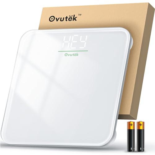 Ovutek Bathroom Scale for Body Weight, Highly Accurate Digital Weighing Machine for People, Upgraded Batteries Included, Compact Size, LED Display, Physician Scale with Sturdy Tempered Glass, 400lb - White