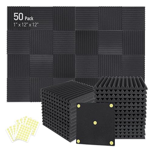 Focusound 50 Pack Acoustic Foam Panels 1" x 12" x 12" Sound Proof Foam Panles Soundproofing Noise Cancelling Wedge Panels for Home Office Recoding Studio with 270PCS Double-Side Adhesive - 50 Pack