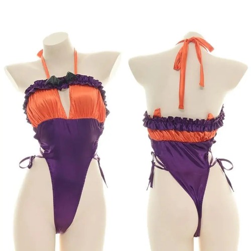 Black and Purple Bat Ruffled Monokin Bodysuit for Halloween