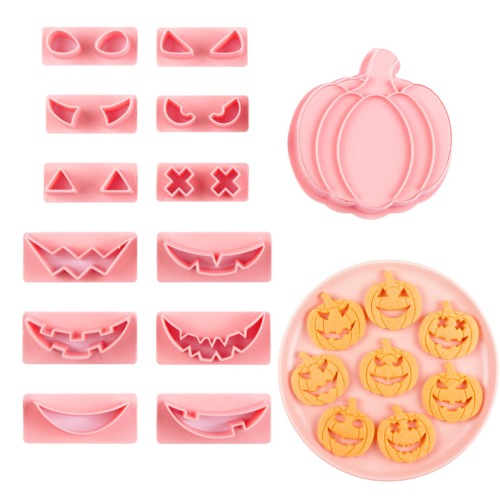 PTaizjjz Halloween Cookie Cutter Set 14 stuks 3D Plastic Drukbare Pompoen Hoofd Halloween Biscuit Cutters Set, Reliëf Gestempelde Fondant Cutters voor Halloween Feestbenodigdheden Decoraties - Halloween A