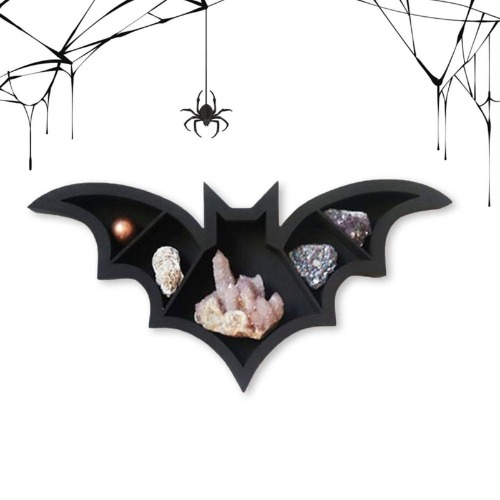Zwart Vampier Vleermuis Plank Wandgemonteerd Hangend Houten Zwevende Planken Griezelige Horror Gothic Decoratie Vleermuisvormig Hangend Plankje Kristallen Displayrek Heksige Kamerdecoratie