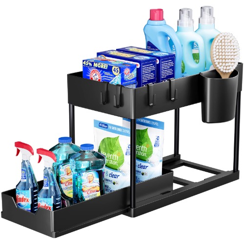 Puricon Opbergrek voor onder de gootsteen, keukenopberger, 2 niveaus, met uitschuiflade, multifunctioneel opbergrek voor badkamer, aanrecht, wasruimte, zwart