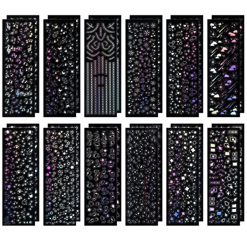 TIESOME 24 vellen holografische laserstickers, Kpop decoratieve stickers voor fotokaarten, zelfklevende transparante glitterstickers, ketting, vlinders, bubbels, sneeuwvlokken, muzieknoten, stickers,