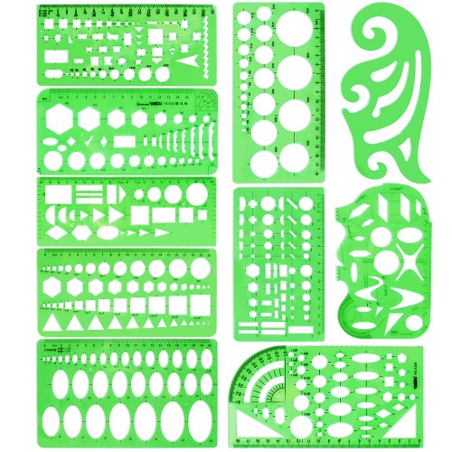 10 stuks kindertekensjablonen, kunststof, voor scholen, doorzichtige groene liniaal, tactische sjablonen, liniaal, curvenliniaal, geometrie set voor kantoor, kunst, studio en school