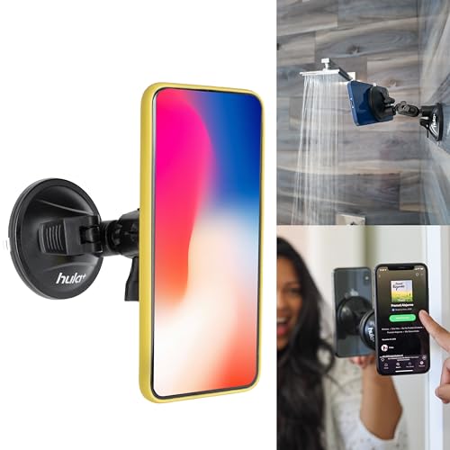 hula+ Shower/Mirror Phone Holder/Mount/Stand. Reusable Non-Residue Mount for Bathroom/Kitchen/Wall. Compatible with All Phones, Great Gift for TikTok/YouTube/Make Up… (Black)
