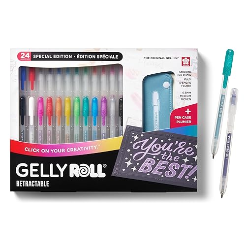 SAKURA Gelly Roll Retractable Gel Pens Colored - Assorted Gel Color Pens with Different Effects - 08 Medium Point Ink Pen for Journaling, Art, or Drawing - 1 Pen Case - Assorted Colored Ink - 24 Pens