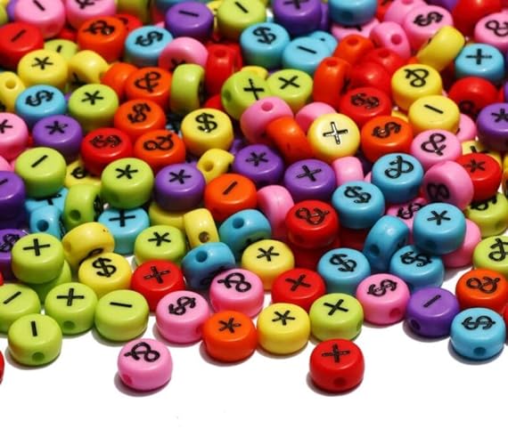 50pc Set Colorful Flat Round Acrylic w/Black Ampersand Asterisk, Plus, Minus, and Dollar Sign Symbol Beads (4mm x 7mm)