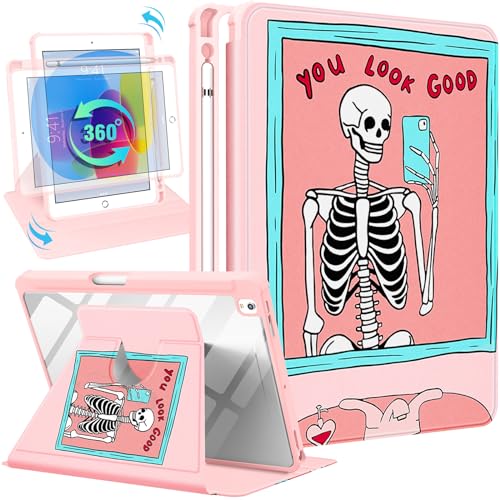 Uppuppy for iPad 9th/8th/7th/Air 3rd Generation Case 10.2& for iPad Pro 10.5 Inch Cases 360 Degree Rotating Stand Folio Cover with Pencil Holder Skull Cute Skeleton Goth for Apple iPad 2021/2020/2019 - 5-for iPad 789-Skeleton Selfie