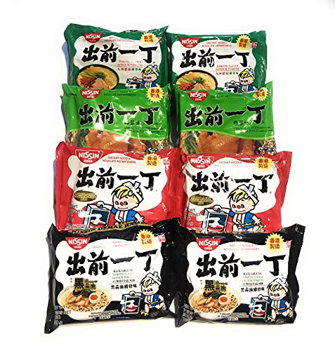 Nissin Demae Ramen Variety Pack, 2 Packs Black Garlic Oil Tonkotsu Artificial Flavour 100g Each, 2 Packs Sesame Oil Flavour, 2 Pork Flavour, 2 Chicken Flavour, 8 Packs in Total, 100g ea.