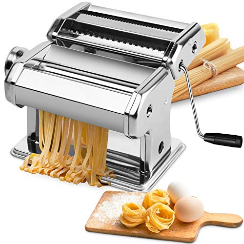 Pasta Machine, EZSOZO Pasta Maker Stainless Steel Manual Pasta Maker Machine with 8 Adjustable Thickness Settings, 2 Noodle Cutter, Suit for Homemade Spaghetti, Fettuccini, Lasagna, or Dumpling Skins