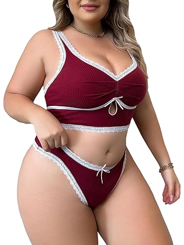 COZYEASE Women's Plus Size 2 Piece Lingerie Set Solid Comfort Lace Camisole and Panty Sets - XX-Large Plus - Burgundy