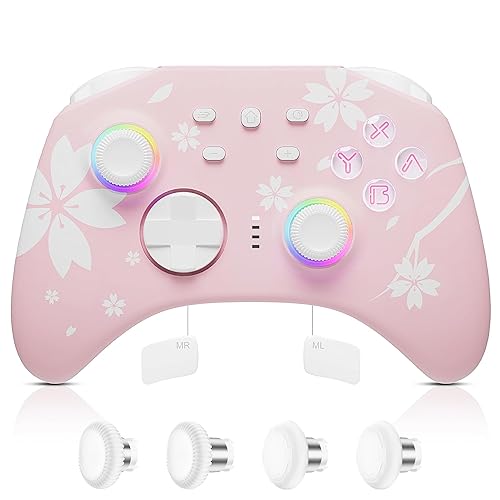 Mytrix Wireless Pro Controller, Hall Effect Bluetooth Controllers for Nintendo Switch/PC/Steam/iPad/Mac/Tablet/Laptop, with RGB Light/Macro Keys/Turbo Button/4 Joystick Replacements, Sakura Pink - Sakura Pink