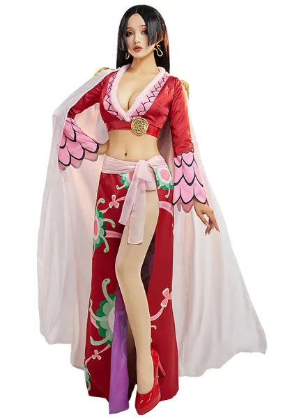 One Piece Boa Hancock Cosplay Costume Red Top Skirt With Cloak Set with Earings