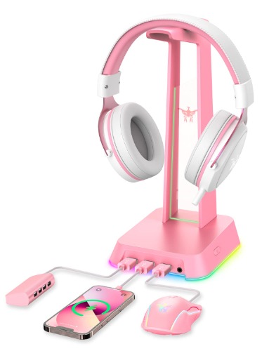 PHNIXGAM RGB Headphone Stand with 3.5mm AUX and 3 Port USB 2.0 Hub, Universal Gaming Headset Hanger Holder for Computer Gaming Gamer Accessories (Pink) - Pink