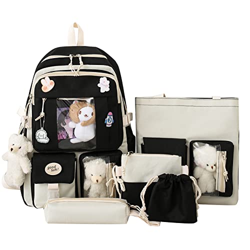 QOCO Kawaii-Rucksack mit Kawaii-Anstecknadel und Zubehör, 5-teiliges Set, süße Kinderrucksäcke, Kawaii, Schultasche, Handtasche, Tragetasche, Kawaii-Ästhetik-Rucksack - 01-schwarz
