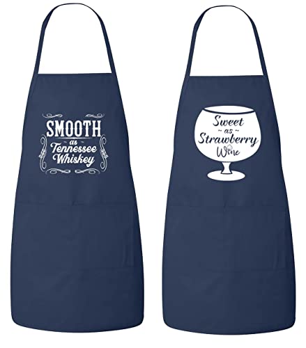 Fasciino Set of Matching Sweet As Strawberry Wine & Smooth As Tennessee Whiskey His and Hers Couples Apron Cooking BBQ 2pcs - Navy