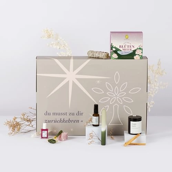 Oh Shanti® Adventskalender Selfcare 2023 | 24 hochwertige Produkte für Selbstfürsorge inkl. einer Affirmationskarte in jedem Törchen | Naturkosmetik, Kerzen, Edelsteinen & mehr | 100% Vegan