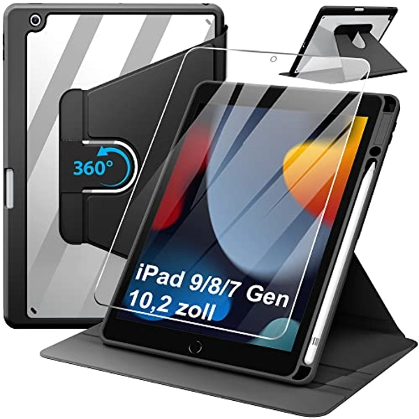 TOFOW Rotating Hülle für iPad(9., 8. und 7. Generation)10.2 Zoll mit Panzerglas,PU Lederhülle 360°Drehbar Multi-Winkel Hülle,Smart Schutzhülle Cover Rotation Case für iPad(9.,Gen/8.Gen/7.Gen),Schwarz