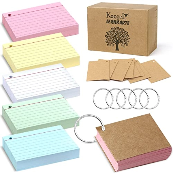 Koogel A8 Linierte Karteikarte, 500 Stücke Linierte Karteikarten in der praktischen Lernbox für Unterwegs Vokabel Lernen
