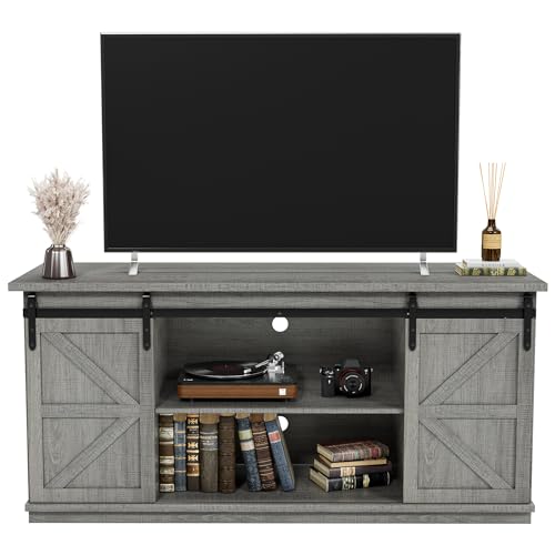 JUMMICO TV Stand for 65 Inch TV, Entertainment Center with Storage Cabinets and Sliding Barn Doors, Mid Century Modern Media TV Console Table for Living Room Bedroom (Pale Gray) - Pale Gray