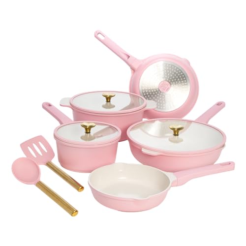 Paris Hilton Ceramic Nonstick Cookware Set, Cast Aluminum with Dual Layer Nonstick Coating, Gold Heart Knobs, Stay-Cool Handles, Made without PFAS, PFOA, PFOS & PTFE, Dishwasher Safe, 10-Piece, Pink - 10-Piece - Pink