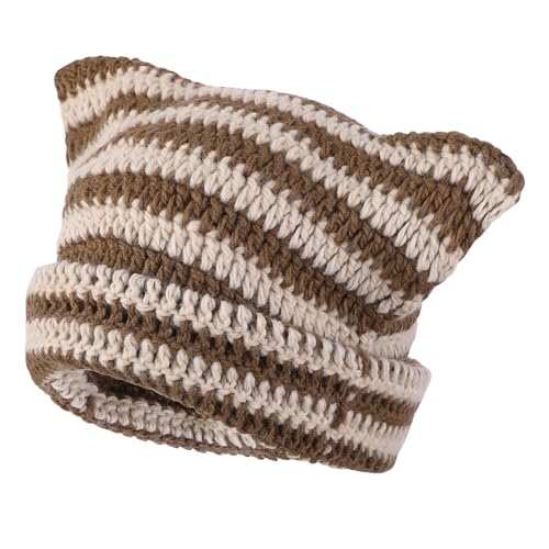 Cute Cat Ear Beanie Lazy Style Y2k Beanies, Winter Warm Crochet Hats for Women Girls Boys - One Size - Coffee Brown