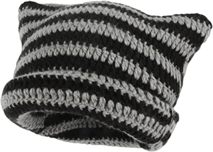 Voulliy Crochet Hats for Women, Knitted Hat Cat Beanie,Soft Slouchy Striped Knit Beanie Hat, Vintage Women Slouchy Beanies,Knitted Cat Ear Hat Women Winter Warm Beanie Caps - 3 - Dark grey