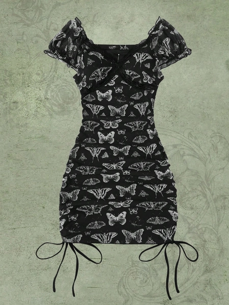Kelsey Wilson Studio Fairycore Butterfly Print Drawstring Ruched Dress