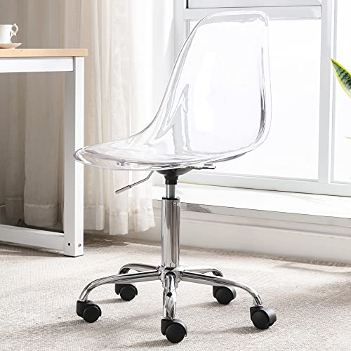 Villeston Acrylic Clear Desk Chair, Modern Small Cute Armless Vanity Rolling Plastic Chair Home Office Lucite Ghost Chairs with Adjustable Height and Wheels, Clear - Clear