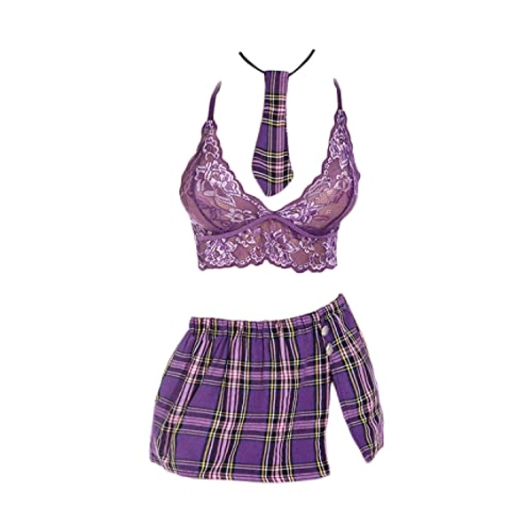 Women's Sexy Schoolgirl Lingerie Outfits Set Lace Bra, Panty And Mini Plaid Skirt Set Mesh 3 Pieces Babydoll Set