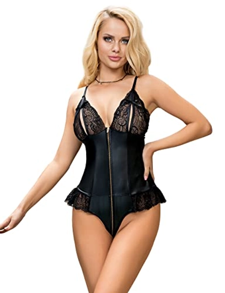 comeondear Faux Leather Lace Teddy Lingerie for Women One Piece Jumpsuit Strap Zipper Club Bodysuit