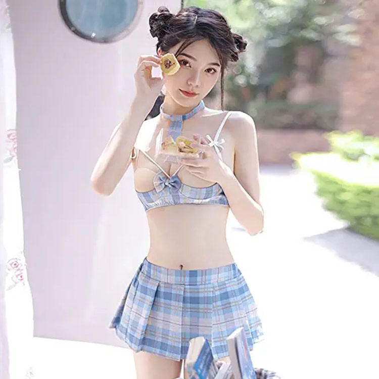 Schoolgirl Pleasure: Plaid Skirt Cosplay Lingerie - L / Light Blue