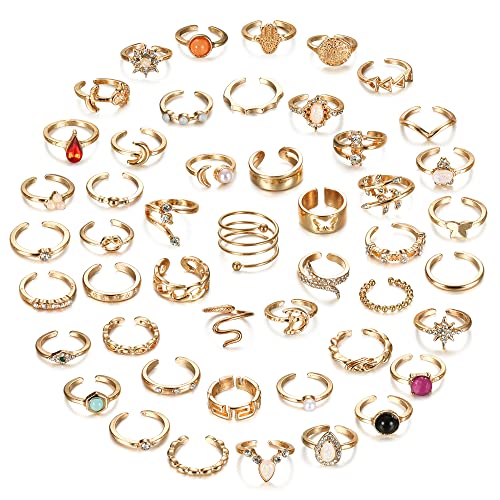 Subiceto 48Pcs Open Toe Rings Set for Women Men Adjustable Vintage Retro Knuckle Ring Bohemian Toe Finger Tail Ring Summer Beach Foot Jewelry Silver Gold - Gold