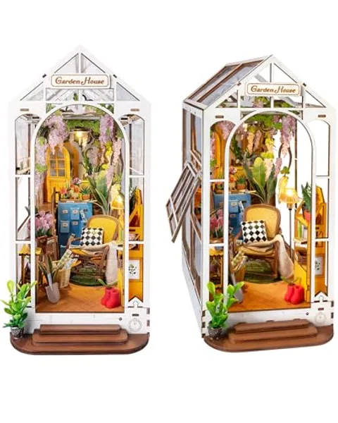 Book Nook Kit Wooden Bookcase 9.5" Garden House Miniature Kit with LED Decorative Bookends, 3D Puzzles for Adults Craft Hobby for Girls Boys Adults