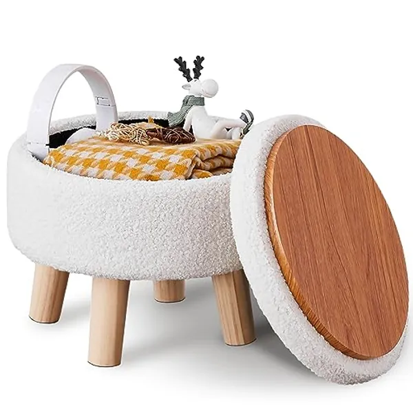 Wimarsbon Storage Ottoman, Modern Round Footrest with Soft Padded Seat, Teddy Velvet Footstool with Wood Legs, Accent Small Table or Plant Stand for Hallway, Living Room (Cream)