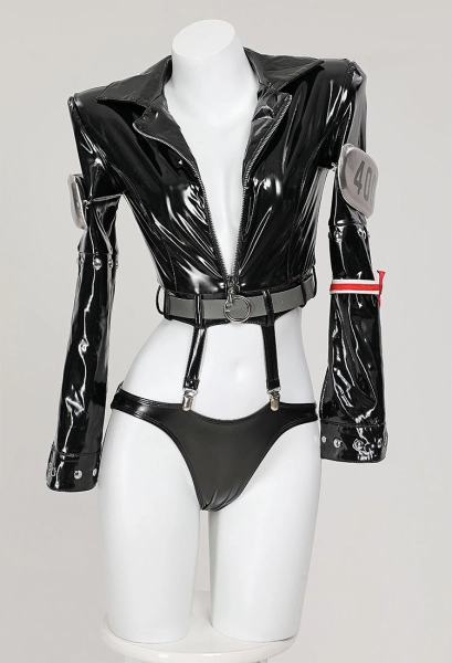 OP Robin Cosplay Costume Egghead Black Shiny Short Jacket and Panty with Gloves Socks