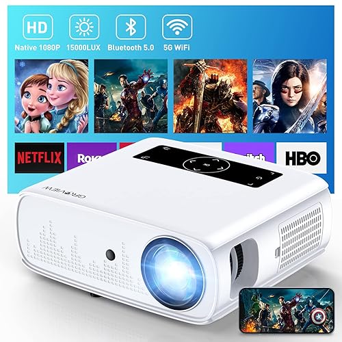 GROVIEW Projector, Projector with WiFi and Bluetooth, 15000lux FHD Outdoor Projector, Portable Movie Projector for 300'' Home Theater, 4K Support, [One-step Mirroring] for iOS/ Android, TV Stick, PS5