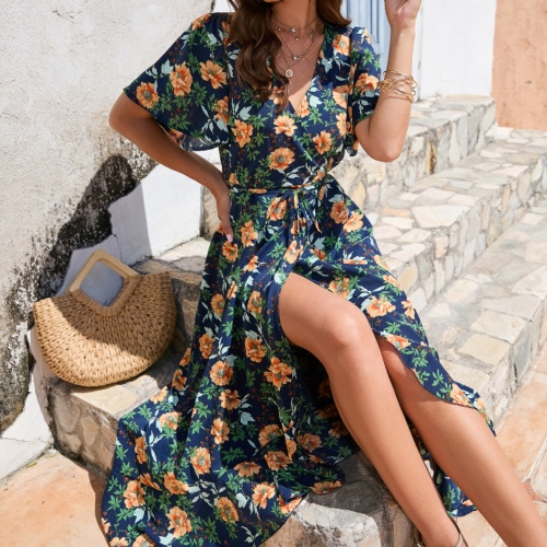 Women Wrap Style Summer Floral Dress With Ruffles - M