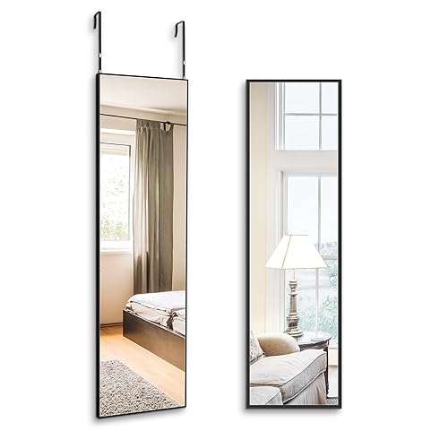 BONEWEI Door Mirror Full Length, 14"x48" Black Over Door Mirror,Hanging Mirror for Bedroom Cloakroom Dorm Room Bathroom Living Room