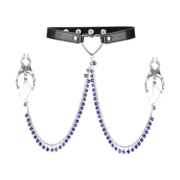 WOMLIGERI Nipple Clamps with Collar Necklaces Adjustable Leather Punk Chokers Heart Head Choker Non-Piercing Clips for Women - Purple Bells Chain NP