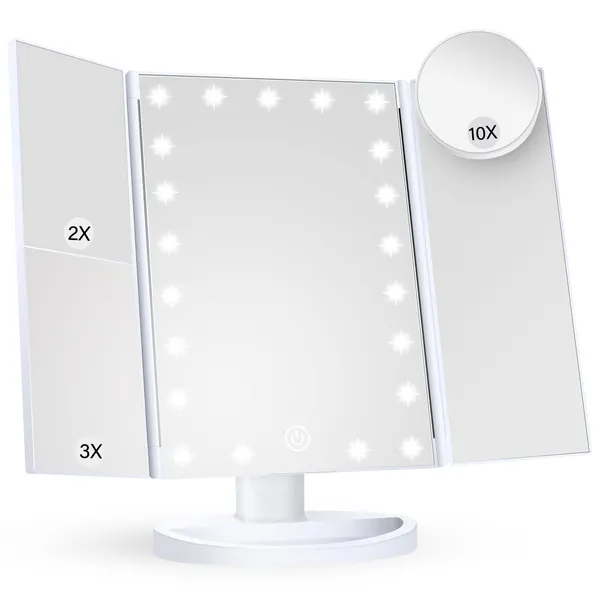 Makeup Mirror Vanity Mirror with Lights, 2X 3X 10X Magnification, Lighted Makeup Mirror, Touch Control, Trifold Makeup Mirror, Dual Power Supply, Portable LED Makeup Mirror, Women Gift (White+10X) - White+10x