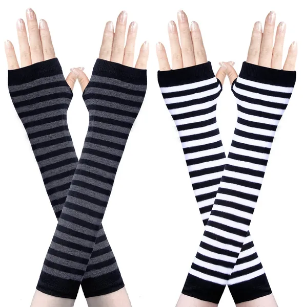 Amandir 1-4 Pairs Long Fingerless Gloves for Women Arm Warmers Knit Thumbhole Stretchy Gloves - Black One Size
