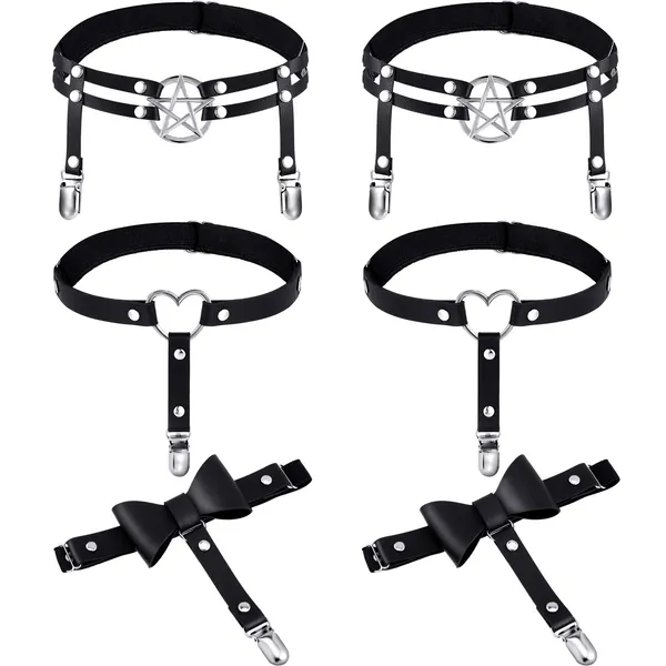 6 Pieces Adjustable Garter Belt with Anti Slip Clips Elastic Punk Gothic Thigh Ring Garter Star Shaped Butterfly Knot Leg Garters Heart Shaped Leg Ring for Women Girls - 