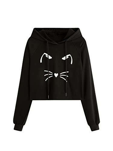 SweatyRocks Women's Long Sleeve Hoodie Crop Top Cat Print Sweatshirt - XX-Large - Black White Cat