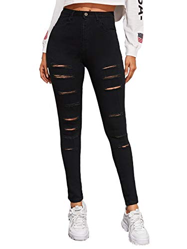 SweatyRocks Women's Hight Waisted Stretch Ripped Skinny Jeans Distressed Denim Pants - X-Large - Black-5
