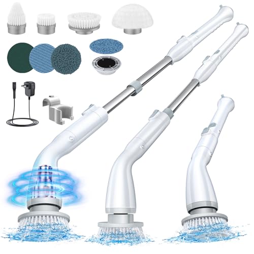LABIGO Electric Spin Scrubber LA1 Pro, Cordless Spin Scrubber with 4 Replaceable Brush Heads and Adjustable Extension Handle, Power Cleaning Brush for Bathroom Floor Tile (White) - Crisp-white