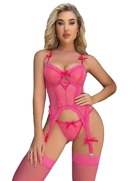 WDIRARA Women's Sexy Lingerie Set Floral Lace Garter Bustier Lingerie Set with 1Pair Fishnet Stocking