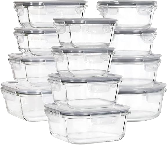 MUMUTOR Glass Food Storage Containers with Lids, [24 Piece] Meal Prep Containers, Airtight Glass Bento Boxes, BPA Free & Leak Proof (12 lids & 12 Containers)-Grey - Grey