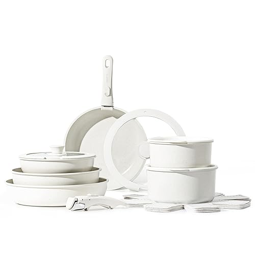 CAROTE 17pcs Pots and Pans Set, Nonstick Cookware Set Detachable Handle, Induction Kitchen Cookware Sets Non Stick with Removable Handle, RV Cookware Set, Oven Safe, Frying Pan Set - 17 pcs Granite Set - Cream White