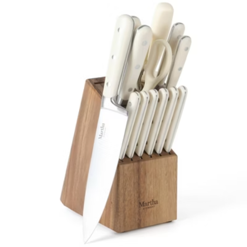 Martha Stewart Eastwalk 14pc Stainless Steel Cutlery Set Acacia Wood Block Linen White